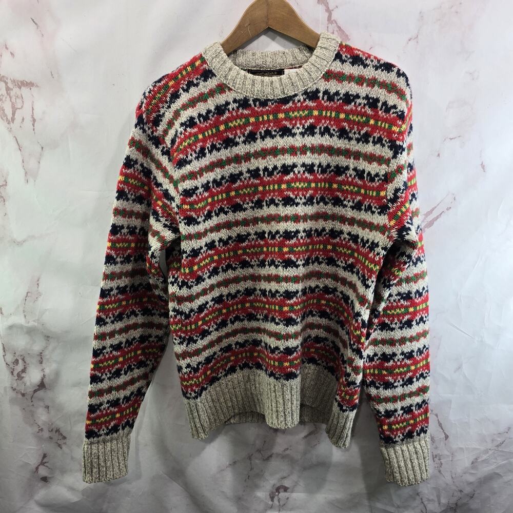 Vintage Eddie Bauer Sweater Womens Large Wool Beige Red Fair Isle Nordic Geo